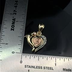 14K Yellow Gold Dolphin Heart Quinceanera Sweet 15 Pendant 3.1g